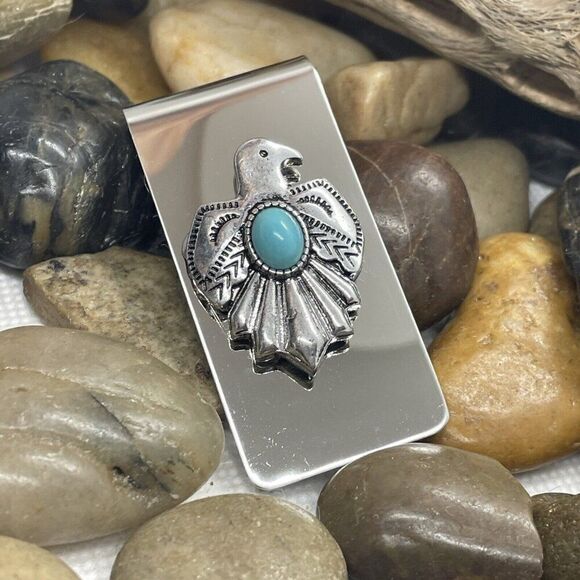 THUNDERBIRD Native American Money Clip Stainless Steel UNIQUE T-Bird Turquoise - Picture 3 of 11